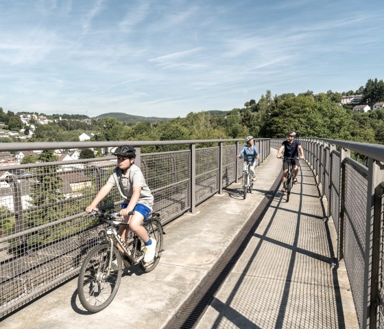 Eine Familie fährt mit Fahrrädern über eine Brücke auf dem Maare-Mosel-Radweg. Im Hintergrund sind Bäume und Häuser zu sehen., © Rheinland-Pfalz Tourismus GmbH, D. Ketz Eine Familie fährt mit Fahrrädern über eine Brücke auf dem Maare-Mosel-Radweg. Im Hintergrund sind Bäume und Häuser zu sehen., © Rheinland-Pfalz Tourismus GmbH, D. Ketz