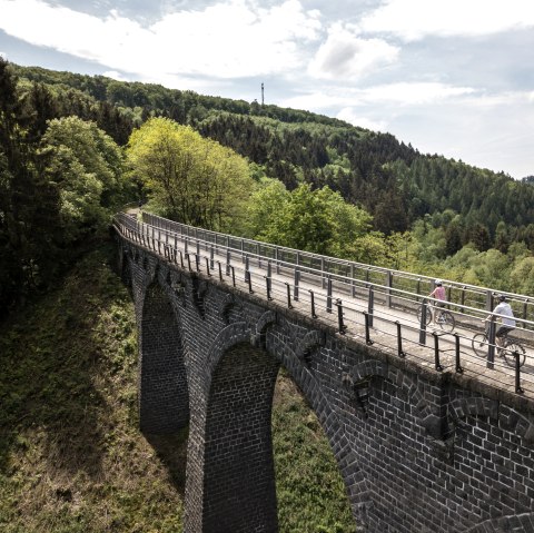 Zwei Radfahrer überqueren ein steinernes Viadukt, umgeben von grünen Wäldern und Hügeln, auf dem Maare-Mosel-Radweg bei Daun., © Eifel Tourismus GmbH, D. Ketz Zwei Radfahrer überqueren ein steinernes Viadukt, umgeben von grünen Wäldern und Hügeln, auf dem Maare-Mosel-Radweg bei Daun., © Eifel Tourismus GmbH, D. Ketz