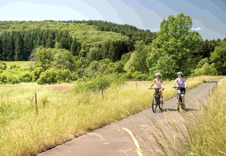 Zwei Radfahrerinnen auf dem Eifel-Ardennen-Radweg im Alfbachtal , © Eifel Tourismus GmbH, Dominik Ketz Zwei Radfahrerinnen auf dem Eifel-Ardennen-Radweg im Alfbachtal , © Eifel Tourismus GmbH, Dominik Ketz
