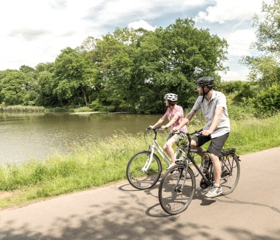 Zwei Radfahrer auf einem Weg am See, umgeben von grüner Natur und Bäumen, unter blauem Himmel., © Eifel Tourismus GmbH, D. Ketz Zwei Radfahrer auf einem Weg am See, umgeben von grüner Natur und Bäumen, unter blauem Himmel., © Eifel Tourismus GmbH, D. Ketz