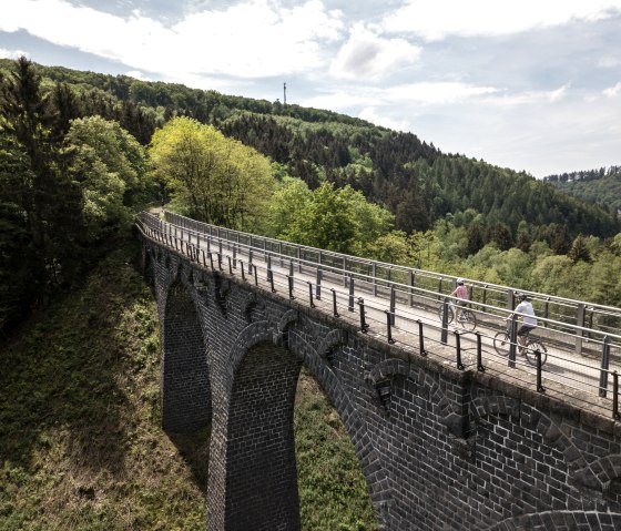Zwei Radfahrer überqueren ein steinernes Viadukt, umgeben von grünen Wäldern und Hügeln, auf dem Maare-Mosel-Radweg bei Daun., © Eifel Tourismus GmbH, D. Ketz Zwei Radfahrer überqueren ein steinernes Viadukt, umgeben von grünen Wäldern und Hügeln, auf dem Maare-Mosel-Radweg bei Daun., © Eifel Tourismus GmbH, D. Ketz