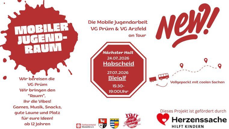 An informational flyer for mobile youth work with dates and meeting points in Germany. The event offers games, music, and snacks for young people under 12 years old.