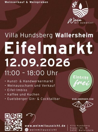 A promotional flyer for the Eifel market in Wallersheim. The event takes place on 12.09.2026 from 11:00 a.m. to 6:00 p.m. and offers art, crafts, and wine sales.