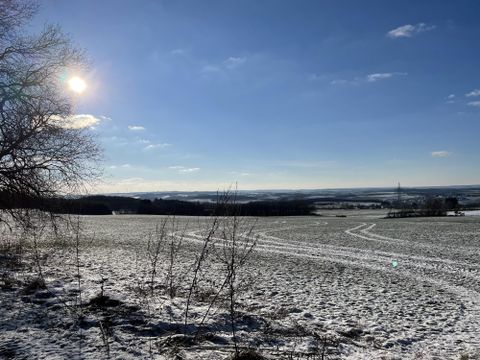 Eine Winterlandschaft mit schneebedecktem Boden und einem klaren blauen Himmel. Die Sonne scheint hell und es gibt einige Spuren im Schnee.