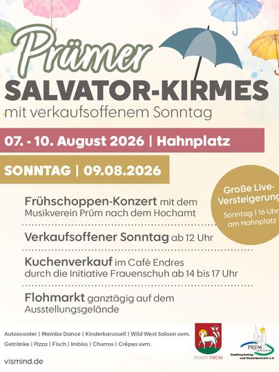 Une affiche colorée pour la fête de Salvator à Prüm, qui se déroulera du 7 au 10 août 2026. Elle contient des informations sur des événements, un marché aux puces et un dimanche de vente.