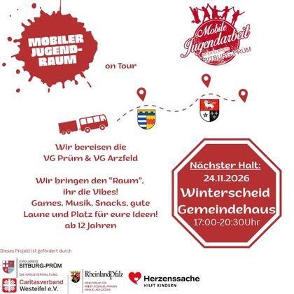 A flyer for mobile youth work with information about upcoming events in Habscheid and Bleialf. Games, music, and snacks will be offered for children and teenagers.