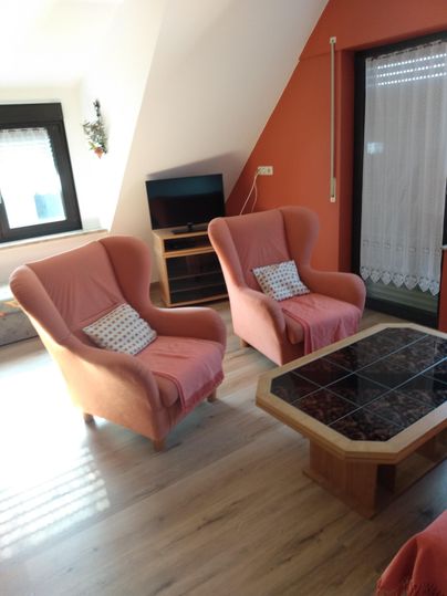 Ein heller Wohnraum mit zwei gemütlichen pinken Sessel und einem niedrigen Tisch. Im Hintergrund steht ein Fernseher und ein Fenster mit Vorhängen.