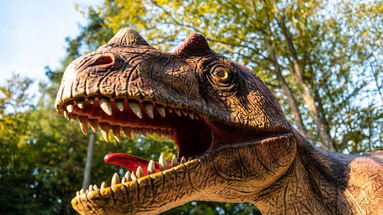 Une grande tête de dinosaure est visible, avec des dents acérées et une expression faciale vive. À l'arrière-plan, on peut voir des arbres verts et un ciel dégagé.