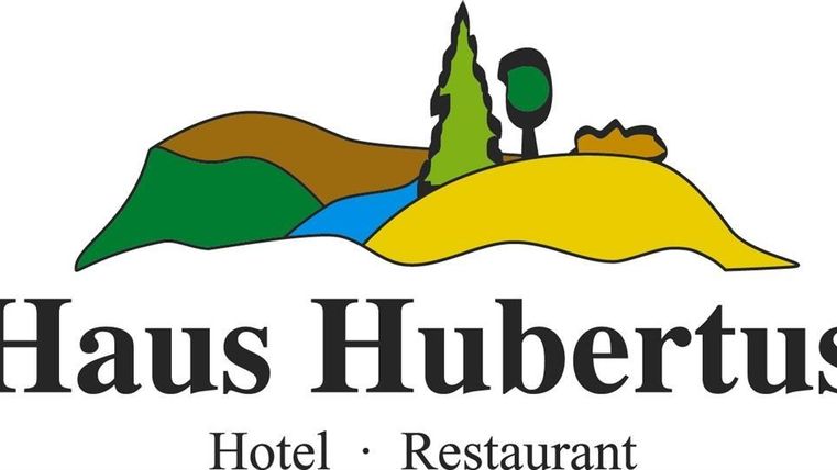 Ein Logo für das „Haus Hubertus“, ein Hotel und Restaurant. Es zeigt eine stilisierte Landschaft mit Bäumen und Hügeln.