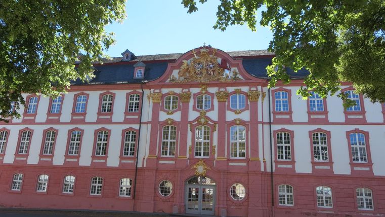 Eine prächtige, historische Fassade eines Gebäudes in rosa mit goldenen Verzierungen. Der Himmel ist klar und die Bäume spenden Schatten.