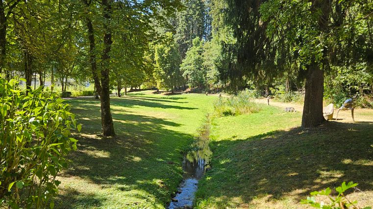 Eine grüne Wiese umgeben von Bäumen, mit einem kleinen Bächlein, das hindurchfließt. Im Hintergrund sind Spaziergänger zu sehen.