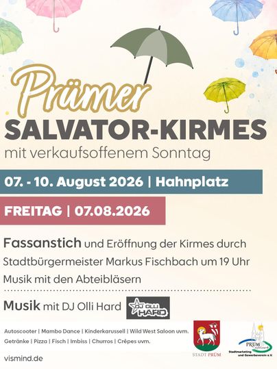 Une affiche pour la Kirmes Salvator de Prüm, qui aura lieu du 07 au 10 août 2026. Elle montre des détails sur les événements, y compris un coup d'envoi de fût et de la musique live avec DJ Olli Hard.