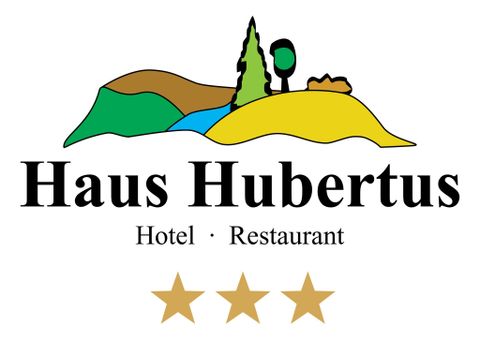 Ein Logo des "Haus Hubertus" mit einer stilisierten Landschaft. Es zeigt die Schriftzüge "Hotel · Restaurant" und drei Sterne.