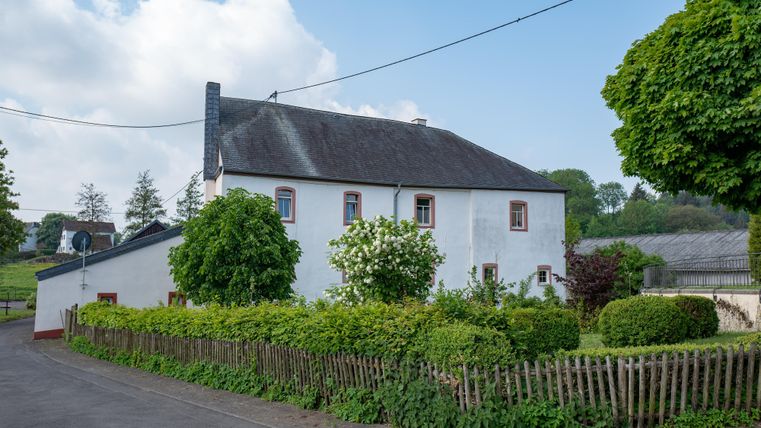 Ein hübsches Haus mit einem grünen Garten und Bäumen. Die Umgebung ist ruhig und ländlich, ideal für Erholung.