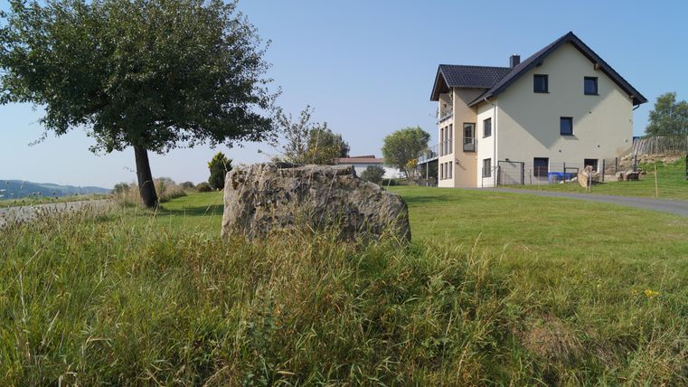Ein modernes Haus steht in einem grünen Garten, umgeben von Bäumen und Wiese. Im Vordergrund liegt ein großer Stein auf dem Rasen.