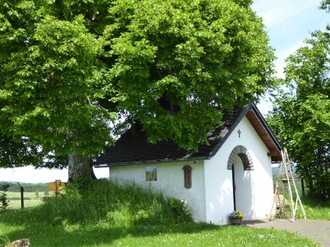 Eine kleine, weiße Kapelle steht unter einem großen Baum. Die Umgebung ist grün und ländlich, mit einem klaren Himmel im Hintergrund.