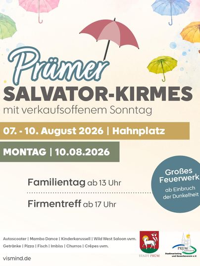 Une affiche pour la foire Salvator de Prüm, qui se déroule du 7 au 10 août 2026 sur Hahnplatz. Il y a une journée familiale et une soirée d'entreprise, ainsi qu'un grand feu d'artifice.