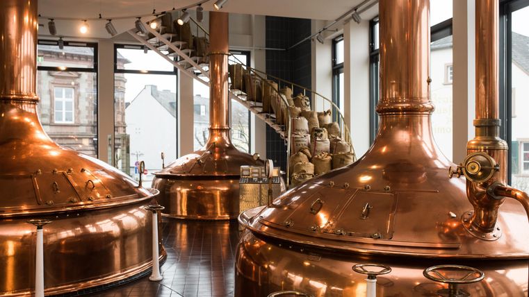 Een moderne brouwerij met grote koperen brouwketels. Door de ramen valt veel licht in de ruimte, die een uitnodigende sfeer creëert.