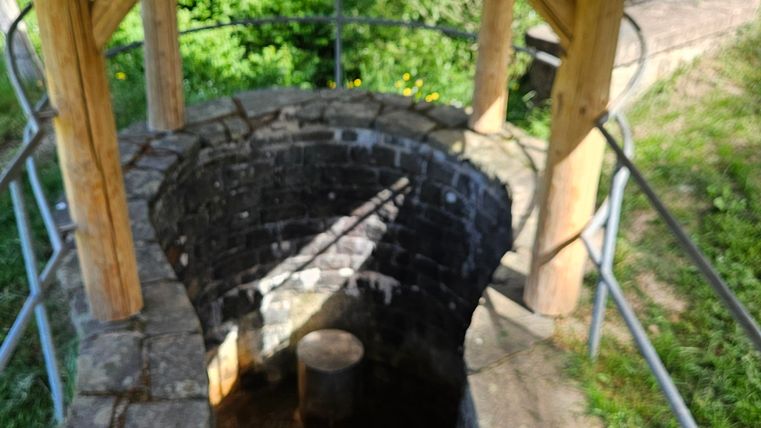 Une vieille fontaine avec des marches en pierre et un auvent en bois. Un environnement verdoyant et un panneau sont également visibles.