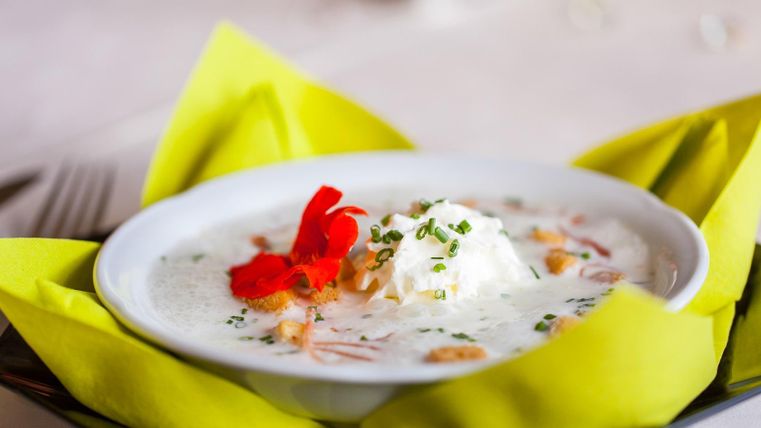 Eine köstliche Suppe in einer weißen Schüssel, garniert mit einem Klecks Sahne und frischen Kräutern. Sie wird auf gelben Servietten serviert und hat eine ansprechende Präsentation.