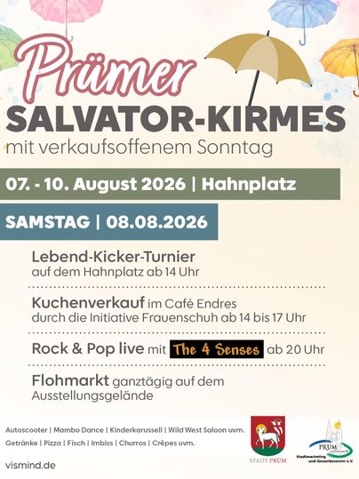 L'image montre une affiche pour la fête de Salvator à Prüm, qui se déroulera du 7 au 10 août 2026. Divers événements tels qu'un tournoi de baby-foot, une vente de gâteaux et un concert de rock sont annoncés.