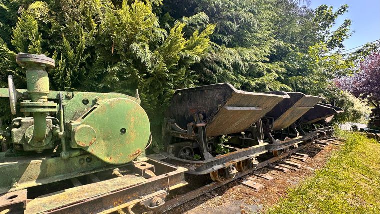 Eine alte Schienenmaschine mit mehreren Schalen auf einer Gleisanlage. Umgeben von dichtem grünen Laub.