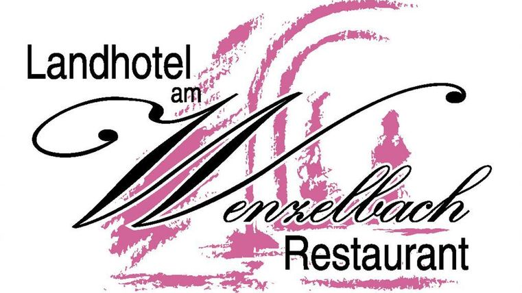 Ein Logo des Landhotels am Wenzelbach mit einem eleganten Schriftzug. Das Design ist in pink und schwarz gehalten.