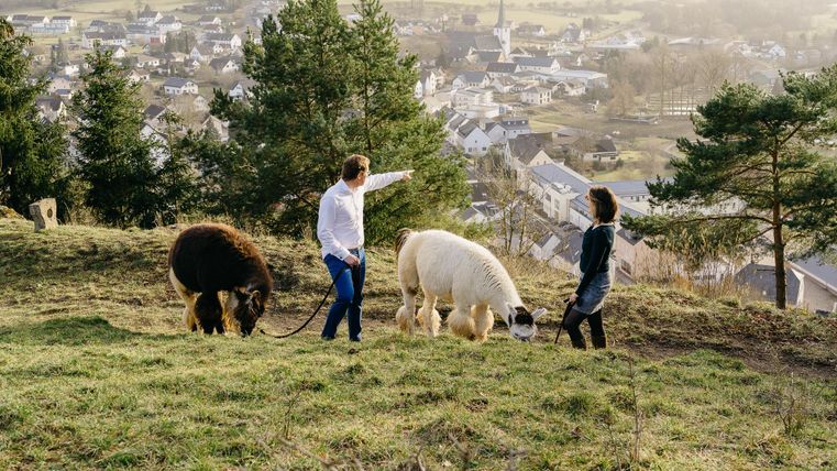 Eine Person zeigt auf die Landschaft, während zwei Tiere, ein Schaf und ein Pony, fressen. Im Hintergrund sind grüne Hügel und ein kleines Dorf zu sehen.