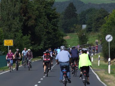 Eine Gruppe von Radfahrern fährt auf einer Landstraße. Umgeben von Bäumen und einer grünen Landschaft.