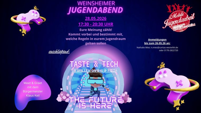 Une affiche colorée pour une soirée jeunesse sur le thème "Taste & Tech". Elle montre des éléments futuristes et invite à participer.