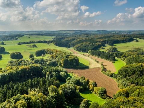Eine malerische Aussicht auf ein Dorf mit einer weißen Kirche im Zentrum. Umgeben von grünen Feldern und Wohnhäusern.