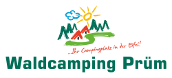 A colorful logo for Waldcamping Prüm. It features natural motifs with mountains, sun, and a stylized path.