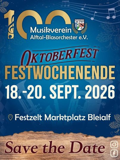 A poster for the Oktoberfest of the Alftal-Blasorchester music club e.V. from September 18 to September 20, 2026. The design is festive with musical elements.
