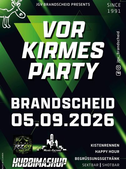 An advertising poster for the pre-fair party in Brandscheid. It includes information about the date, happy hour, and a welcome drink.
