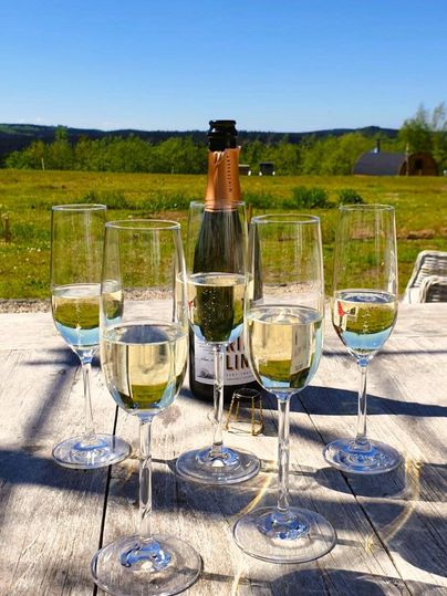 Ein gemütlicher Innenraum mit Holzmöbeln und einer runden Tischdecke. Im Hintergrund ist ein Holzfass und die Aussicht auf die Berge sichtbar.