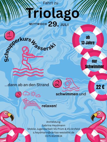 Flyer pour une activité de ski nautique au Trialogo le 29 juillet. Un cours d'initiation sera proposé, suivi de temps pour nager et se détendre sur la plage.