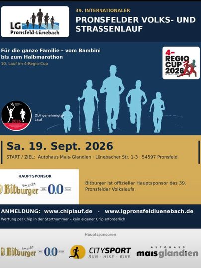 Une affiche pour la 39ème course populaire et de rue internationale de Pronsfeld. L'événement est destiné à toute la famille et aura lieu le 19 septembre 2026.