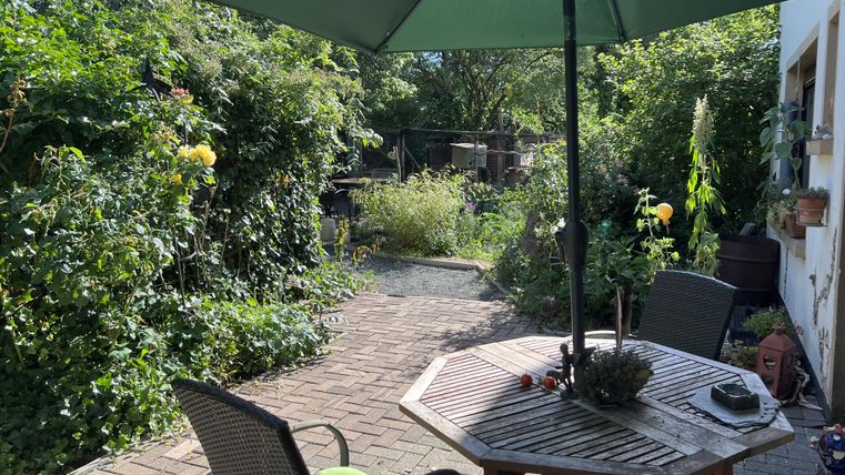 Ein gemütlicher Garten mit einem Tisch und Stühlen unter einem großen Schirm. Üppige Pflanzen und Blumen umgeben die Sitzecke.