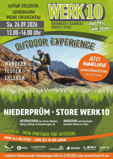 Een advertentie voor een buitenactiviteit met de titel "Outdoor Experience". Er worden wandelingen en activiteiten gepromoot die plaatsvinden op 26 september 2026.
