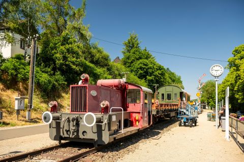 Eine rot lackierte Lokomotive steht an einem Bahnhof mit Waggons. Im Hintergrund sind grüne Bäume und ein blauer Himmel zu sehen.