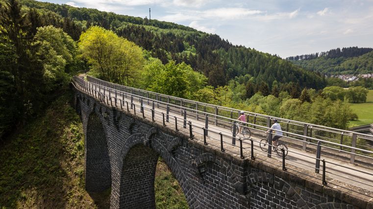 Zwei Radfahrer auf einem Viadukt im Grünen.
