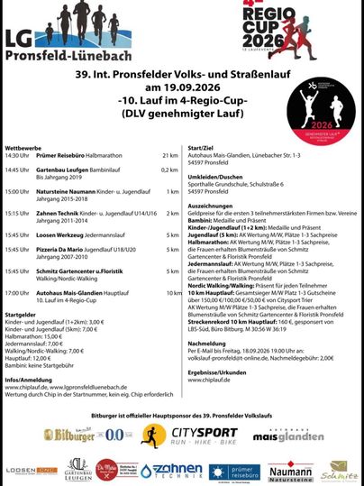 Une affiche pour le 39e Int. Pronsfelder Volks- und Straßenlauf le 19.09.2026. Elle présente le programme et les informations sur l'événement de la course.