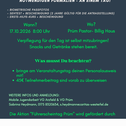 An information flyer for the registration for the driver's license. It contains details about dates, requirements, and participation fees.
