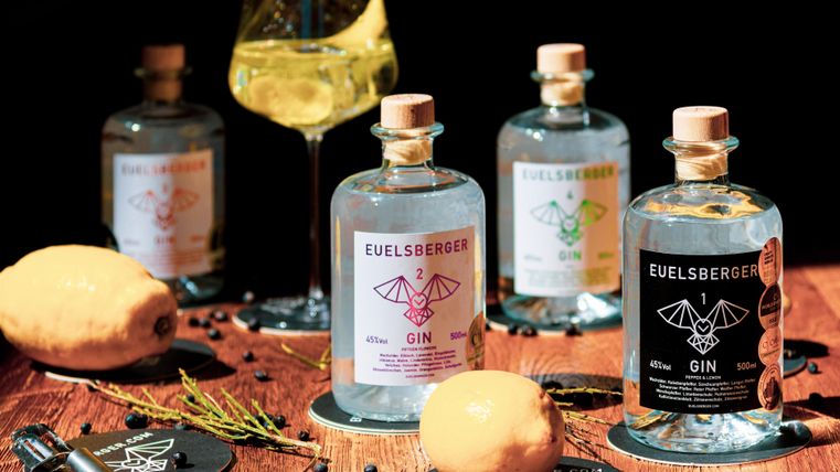A stylish presentation of various gin bottles on a wooden table. Additionally, we see a glass with a refreshing drink and some ingredients like lemon and herbs.