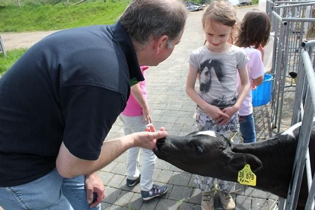 Ein Mann steht vor einer Kuh und füttert sie, während ein Mädchen zuschaut. Im Hintergrund sind weitere Kinder und ein ländlicher Raum zu sehen.