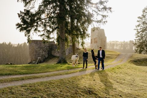 Eine malerische Landschaft mit einer alten Burg im Hintergrund. Drei Personen spazieren auf einem Weg, begleitet von einem Schaf.