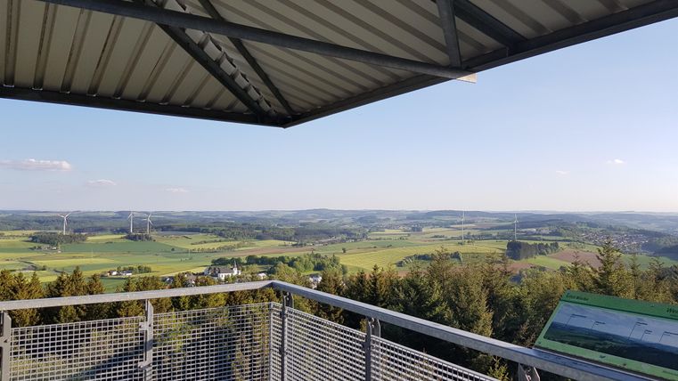 Une vue d'une plateforme sur un paysage verdoyant. À l'arrière-plan, on peut voir des éoliennes et un ciel dégagé.