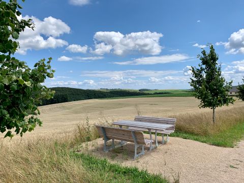 Un salon en bois avec vue sur les champs secs et les parcelles de forêt