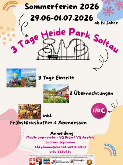 Une affiche publicitaire pour un séjour au Heide Park Soltau avec des informations sur les vacances d'été 2026. Elle comprend l'entrée, les hébergements et les repas pour un prix de 170 euros.