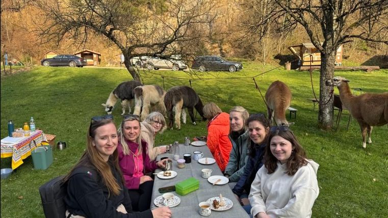 Un groupe de six personnes est assis à une table en plein air, tandis que quelques animaux paissent en arrière-plan. La scène se déroule dans un cadre pittoresque avec des arbres.